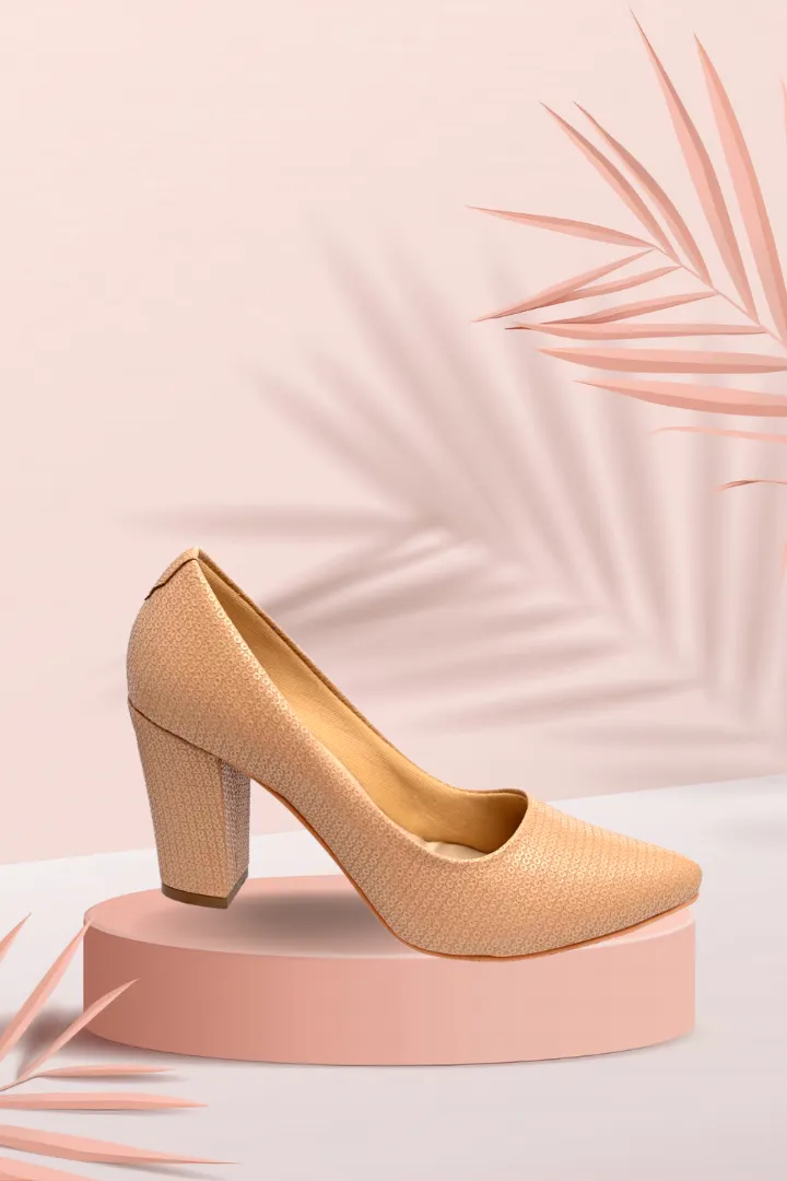 Beige Shimmer Pumps Block Heels for Women