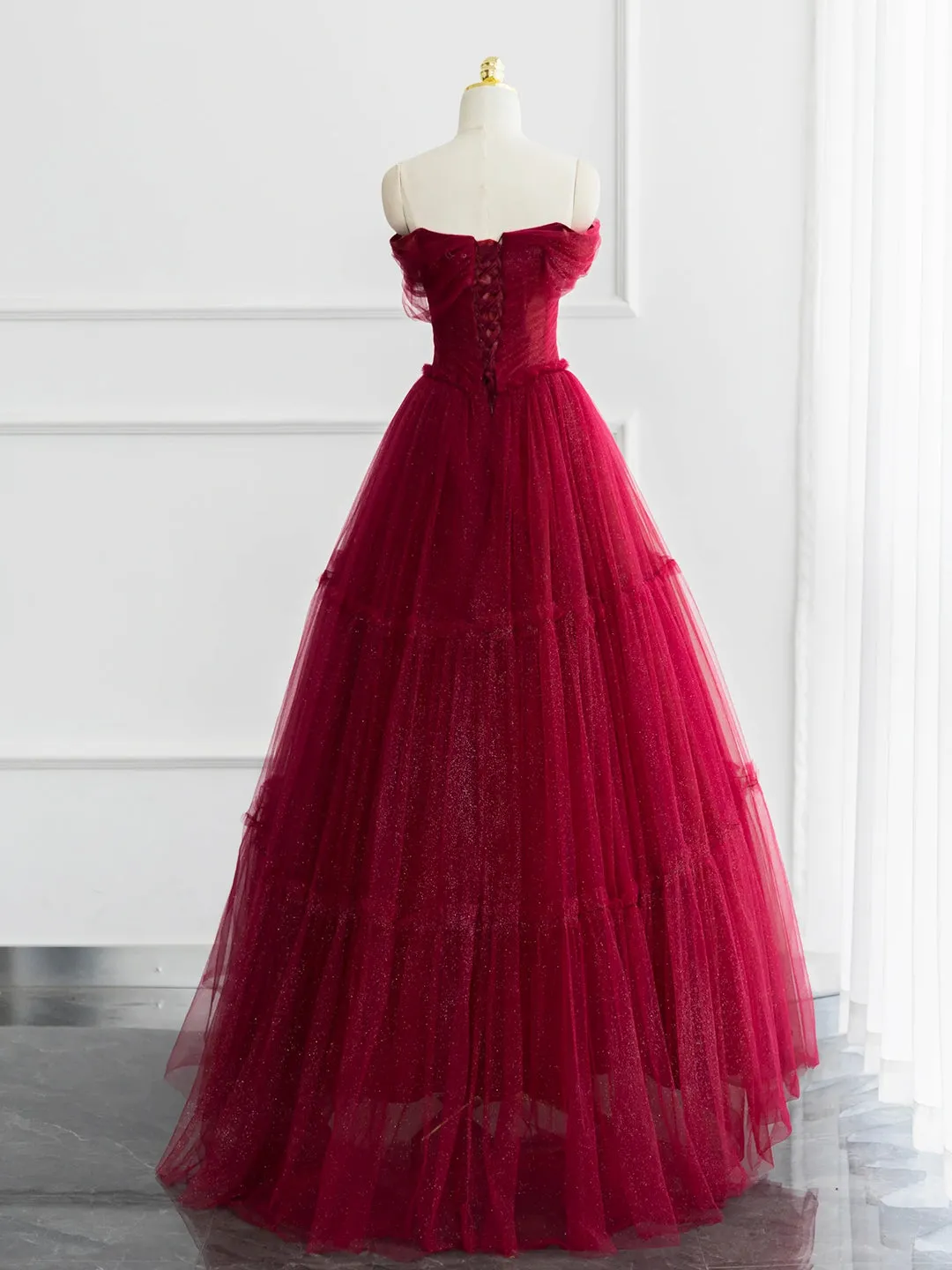 Burgundy Shiny Tulle Long Prom Dress Beautiful A-Line Off the Shoulder Evening Dress