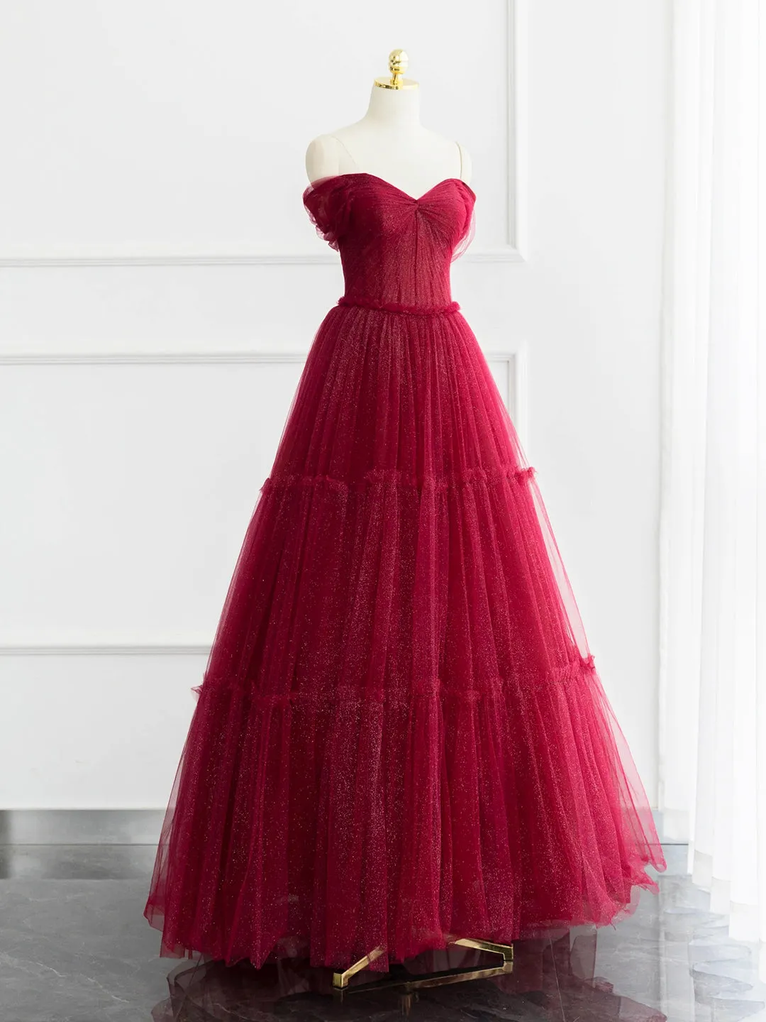 Burgundy Shiny Tulle Long Prom Dress Beautiful A-Line Off the Shoulder Evening Dress