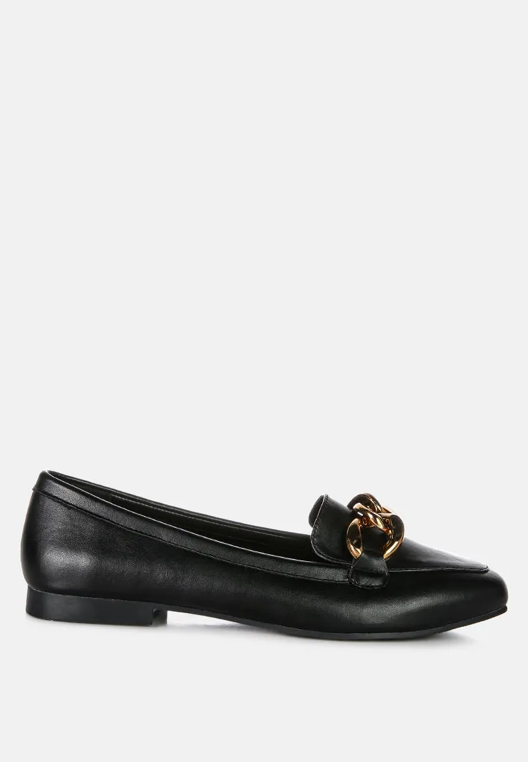 Chunky Metal Chain Faux Leather Loafers