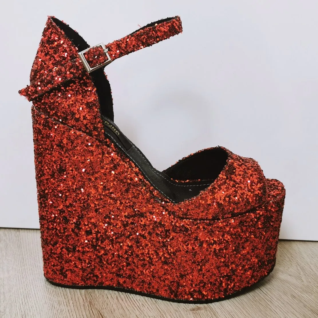 Claret Red Shiny Glitter Wedges