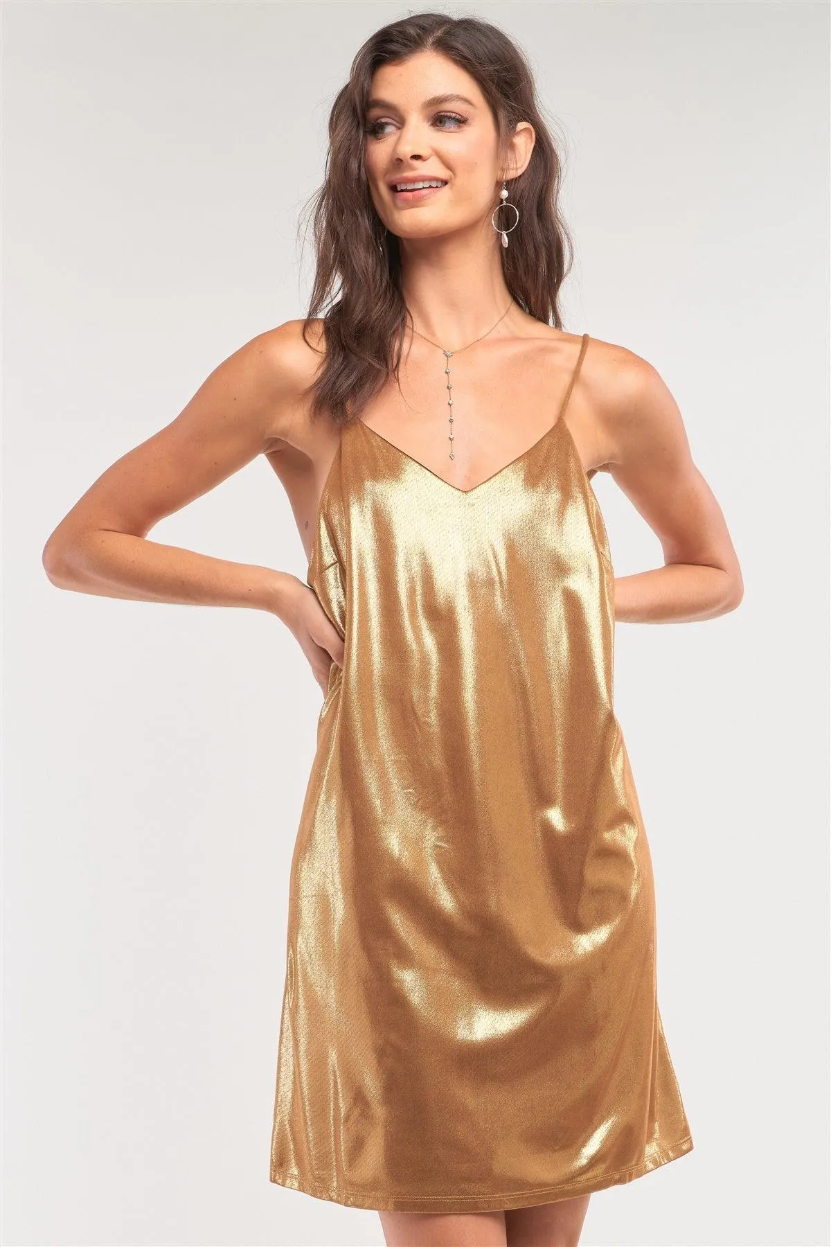 Gold Shiny Sleeveless V-Neck Swing Adjustable Cami Mini Dress /2-1-2