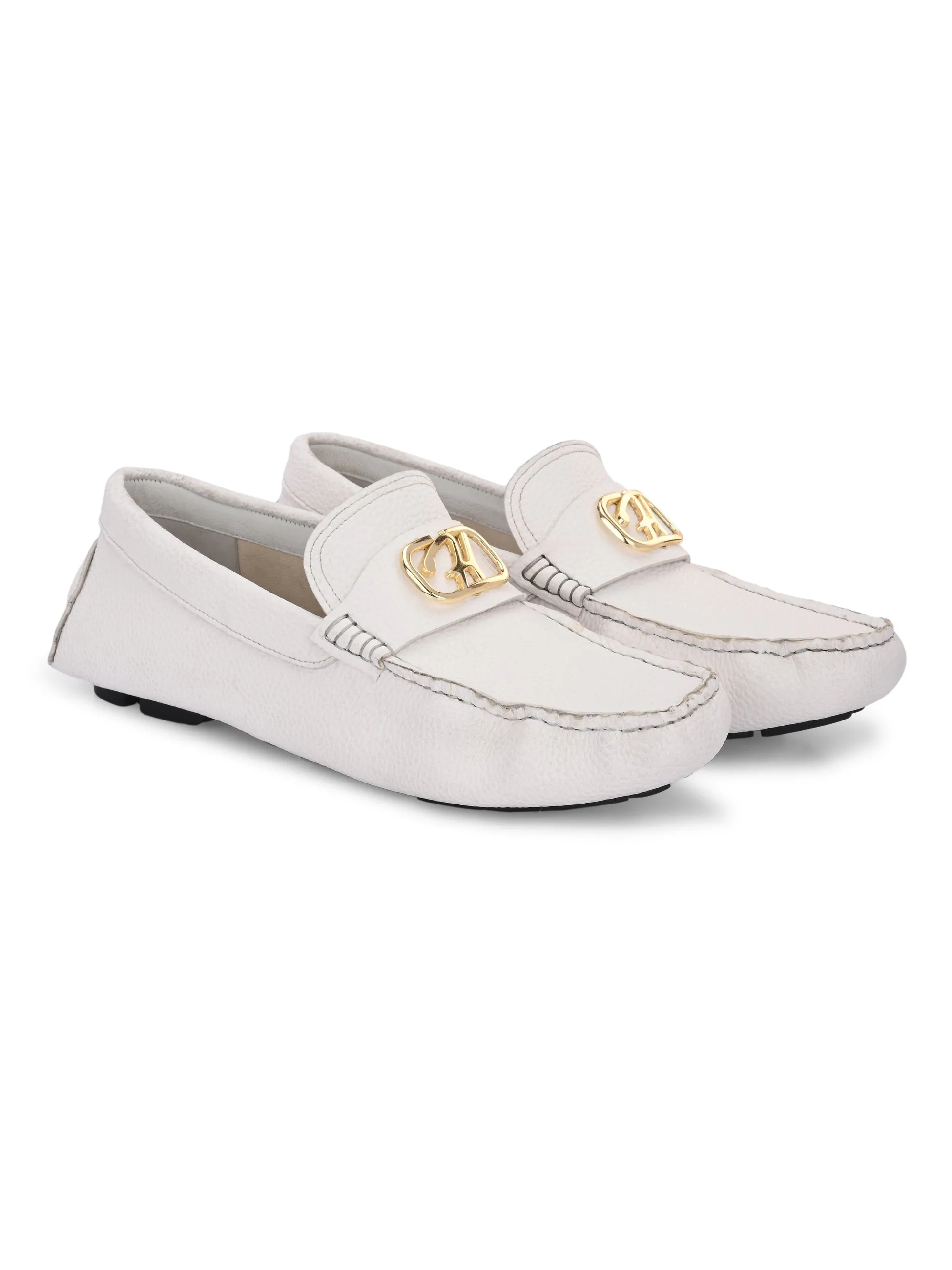 Hitz Men's White Leather Casual Loafers