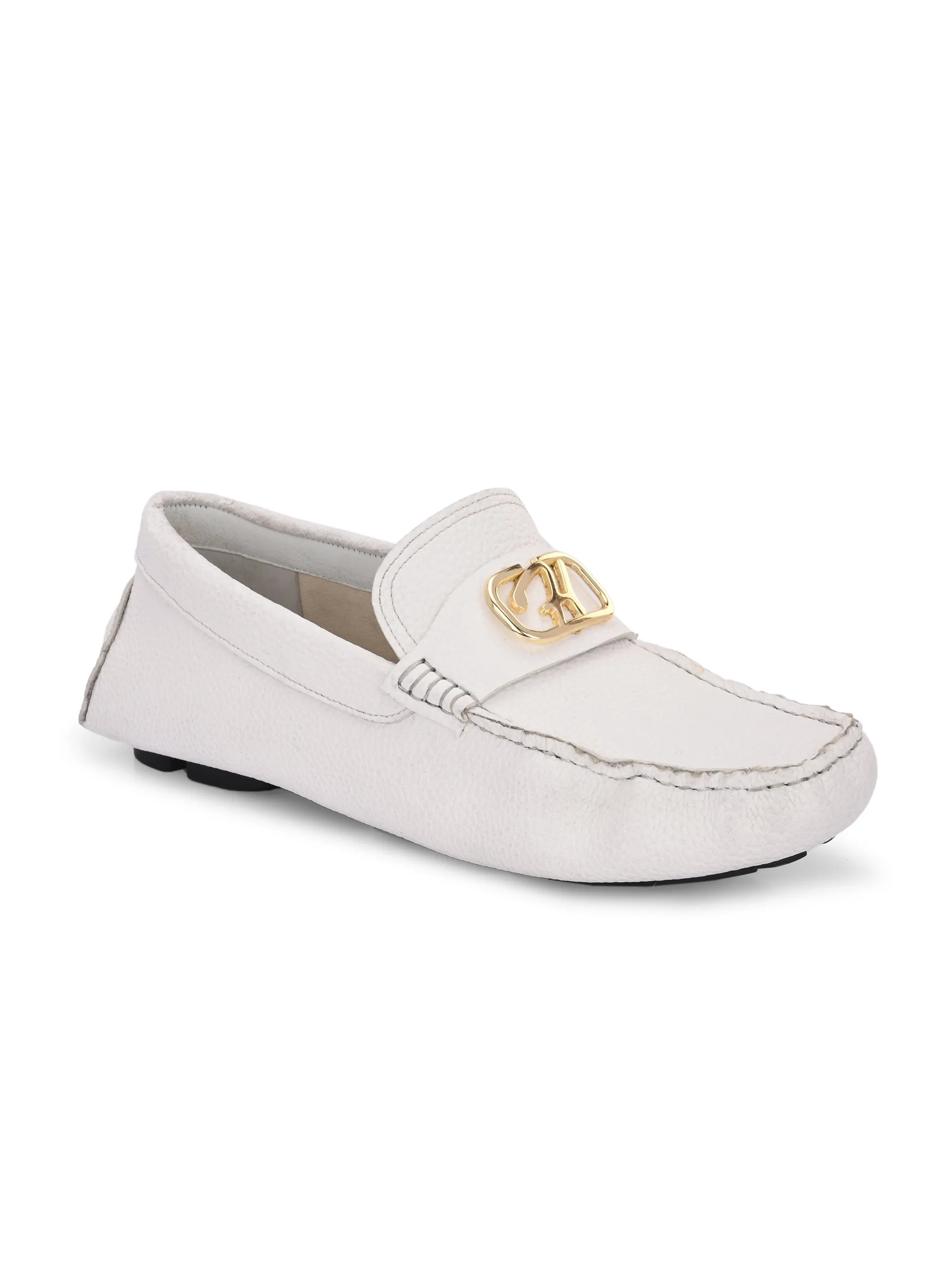 Hitz Men's White Leather Casual Loafers