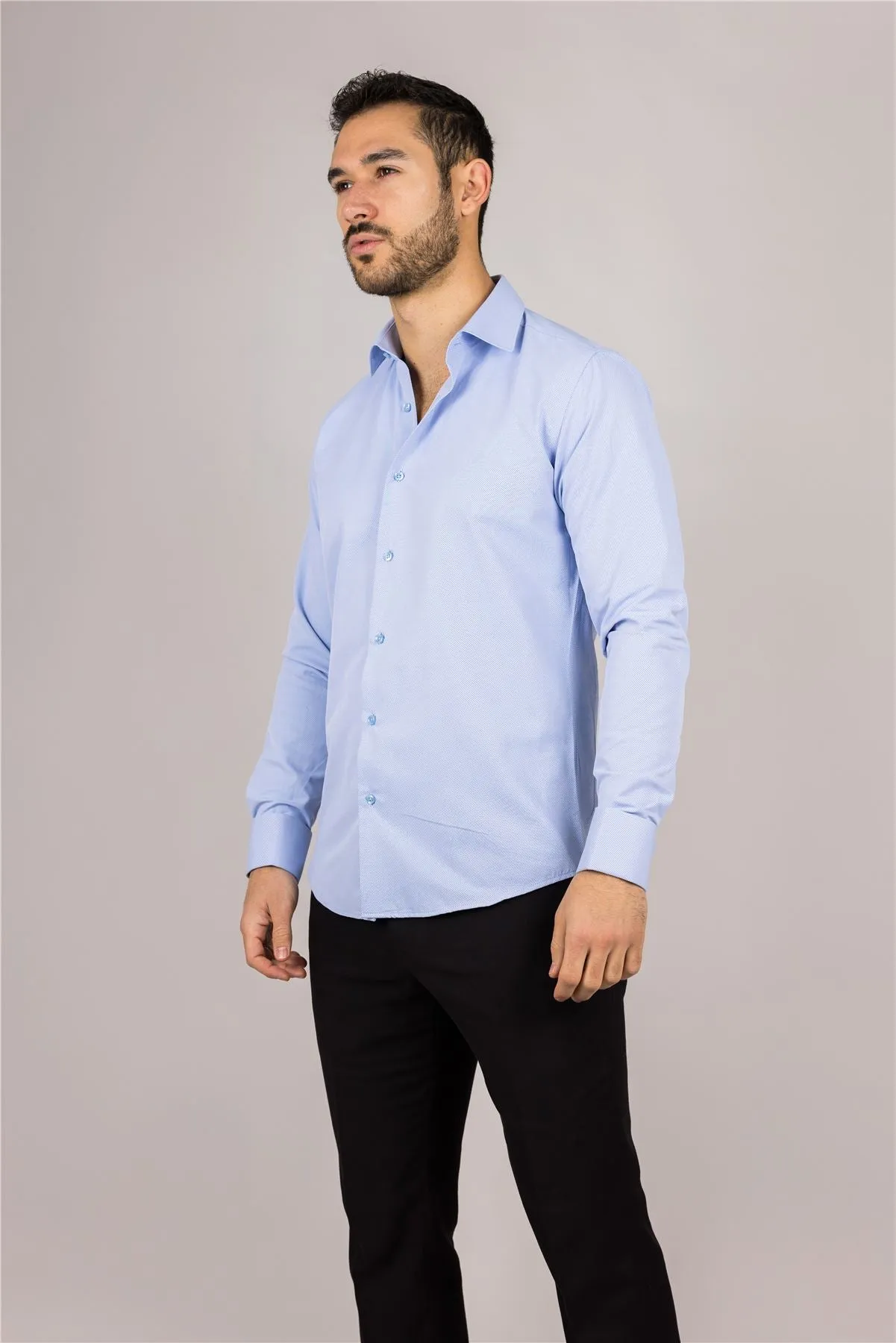 Men's Blue Long Sleeve Regular Fit Double Cuff Twill Oxford Shirt