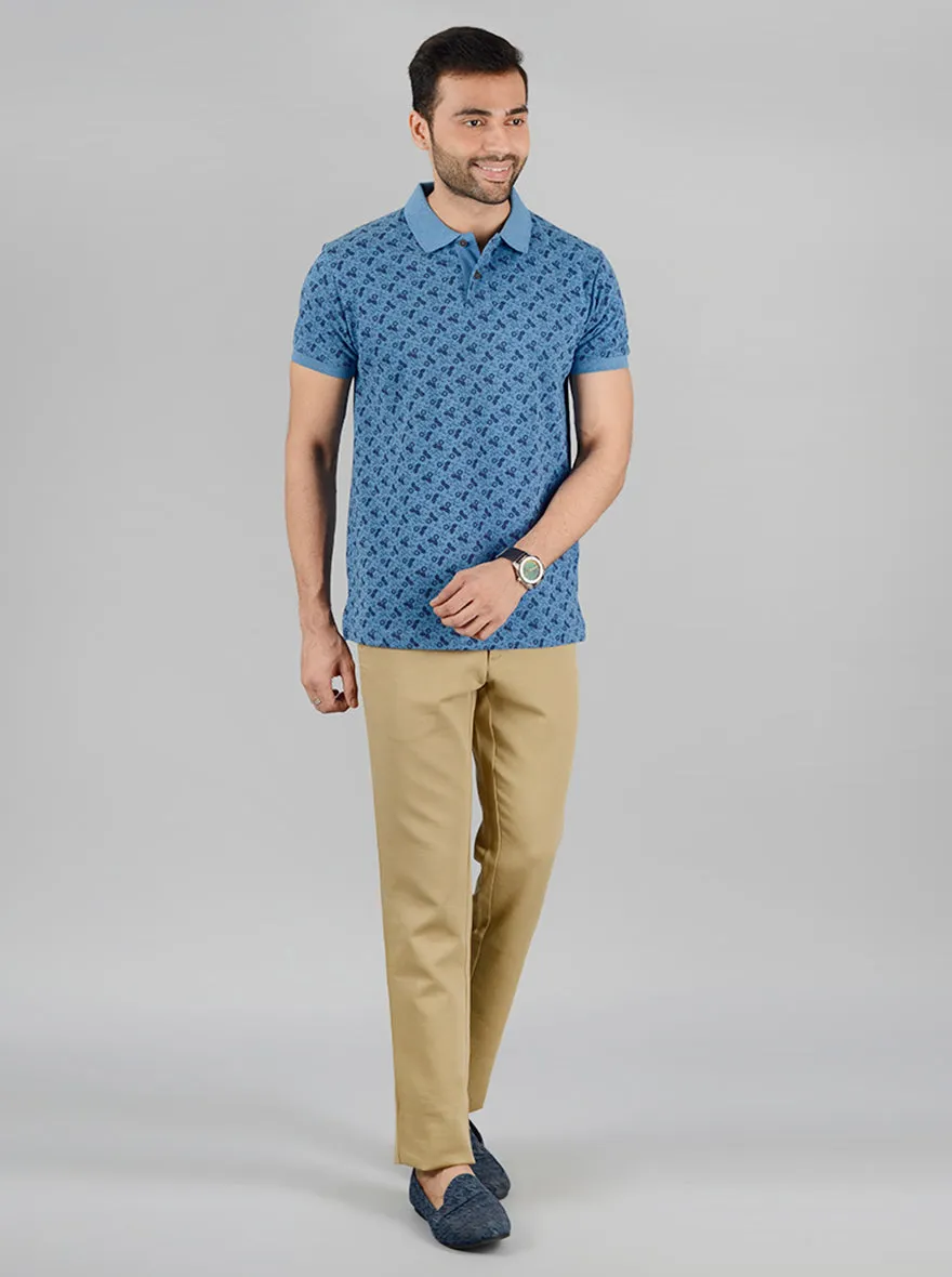 Prussian Blue Printed Slim Fit Polo T-Shirt | Greenfibre