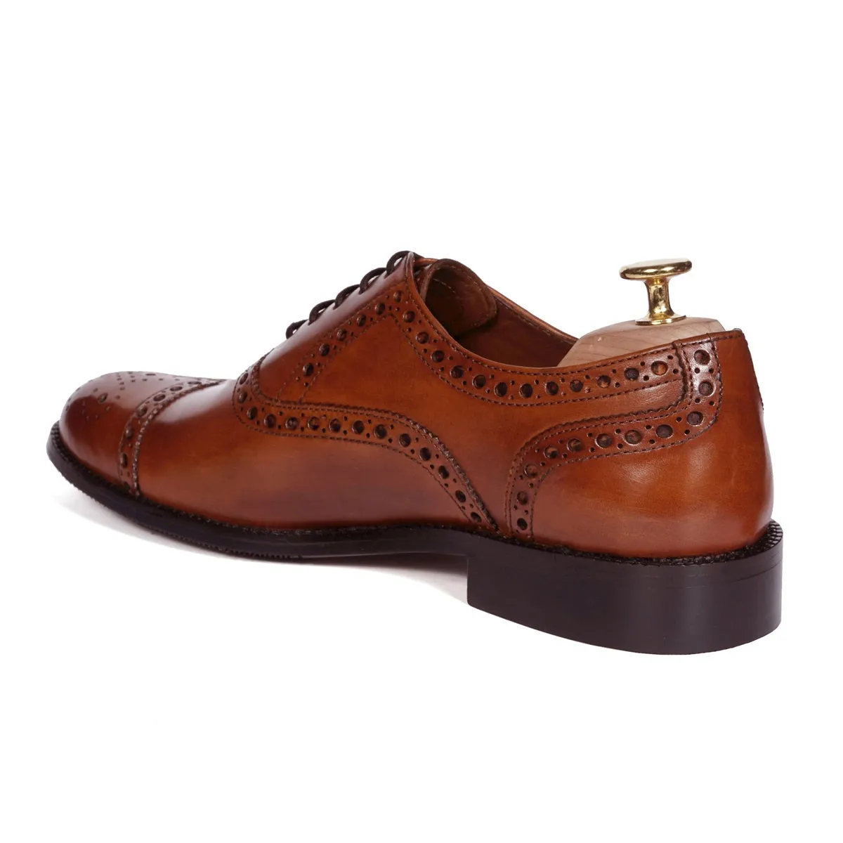 Punching Brogue Oxford Lace-Up Shoe For Men in Genuine Tan Leather