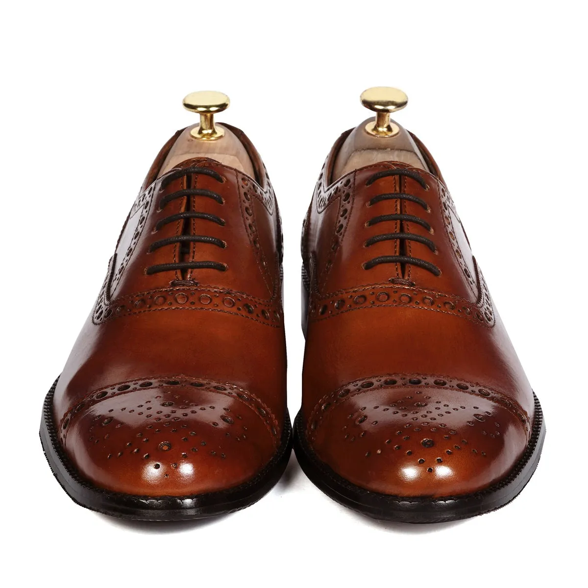 Punching Brogue Oxford Lace-Up Shoe For Men in Genuine Tan Leather