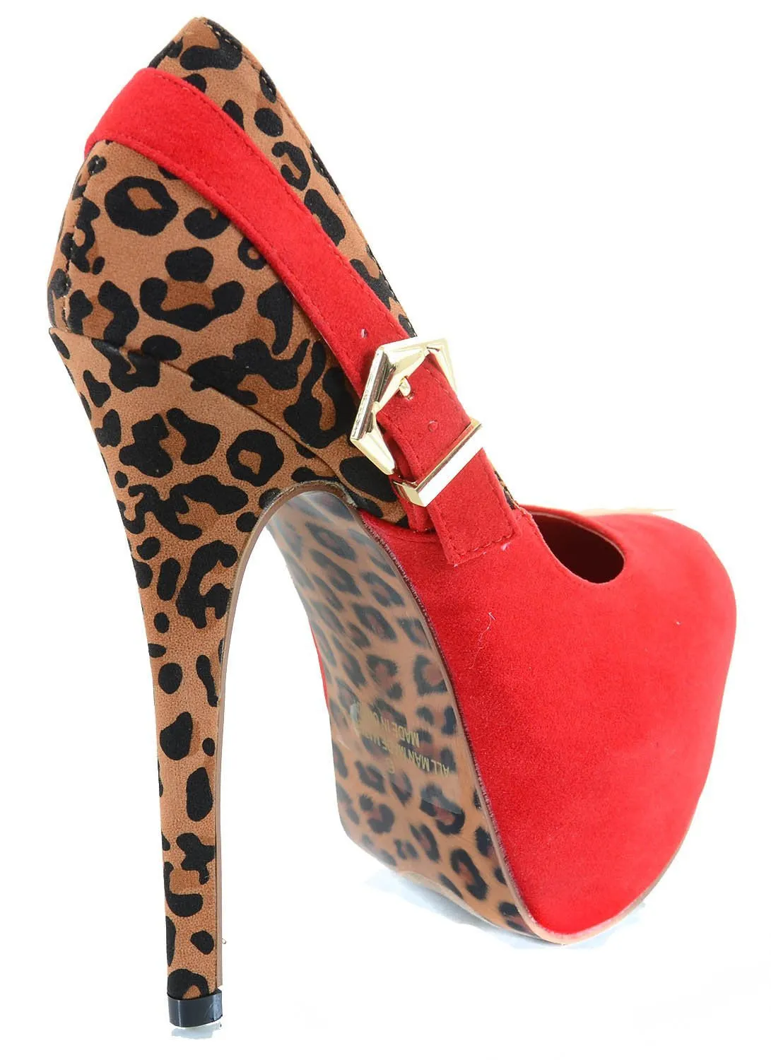 Red Leopard Print Black Faux Suede Stiletto Heels Platform Pump