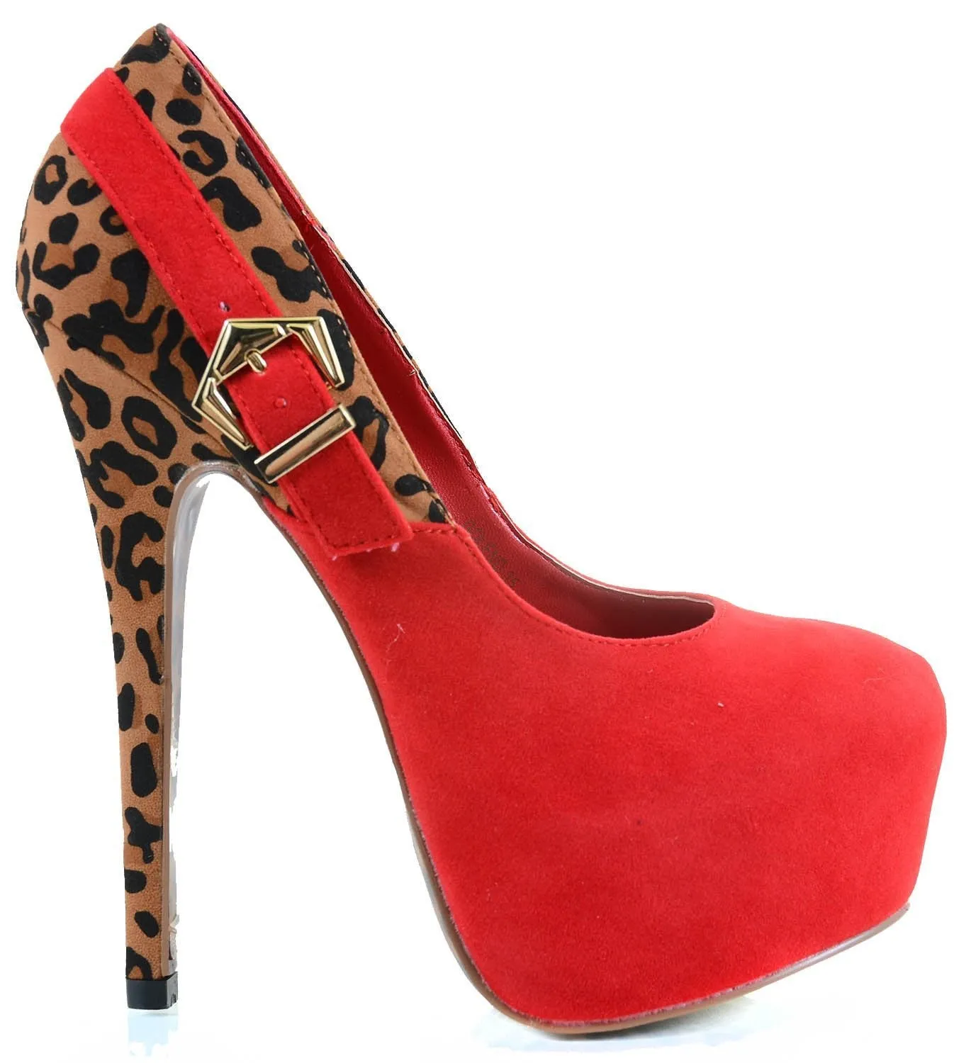 Red Leopard Print Black Faux Suede Stiletto Heels Platform Pump