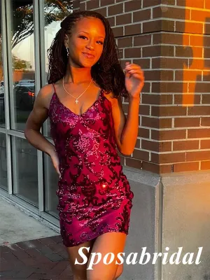 Sexy Shiny Spaghetti Straps V-Neck Sleevless Sheath Mini Dresses/ Homecoming Dresses, PD3638