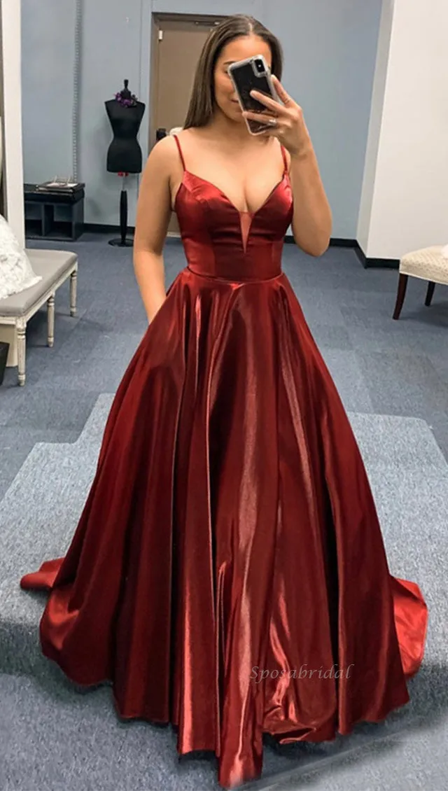 Sexy Spaghetti Straps Shiny Dark Red A-line Long Prom Dress, PD3376