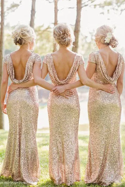 Shiny Golden Sequins Bateau Neck Cap Sleeve Sheath Long Bridesmaid Dresses,SVD455