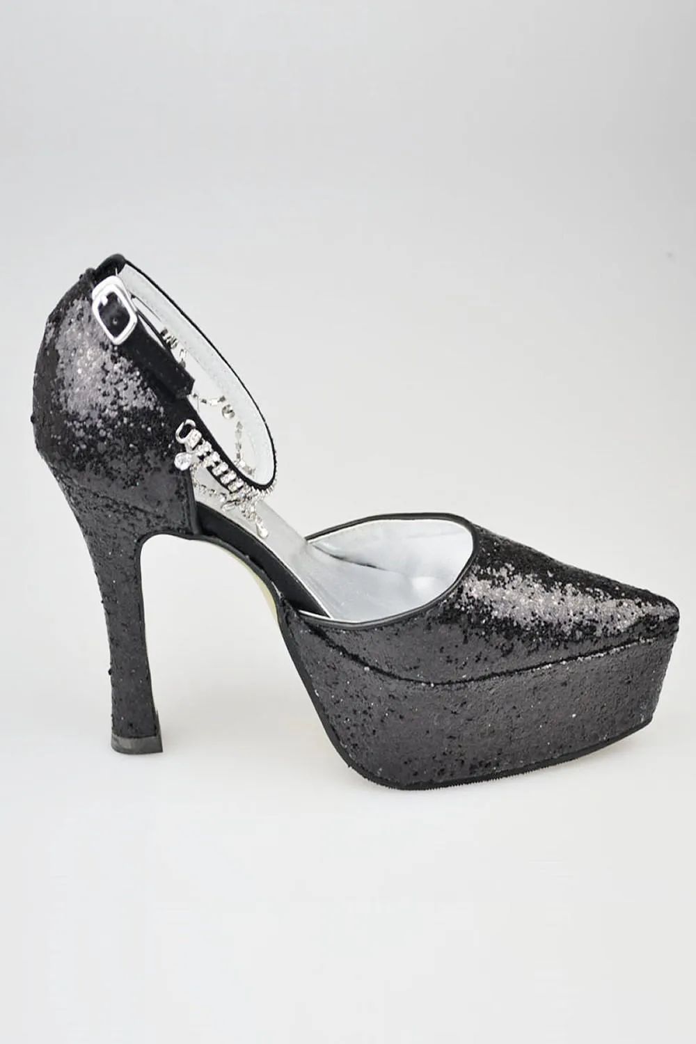 Sparkly Black Sequin Shiny Ankle Strap Women Shoes S61