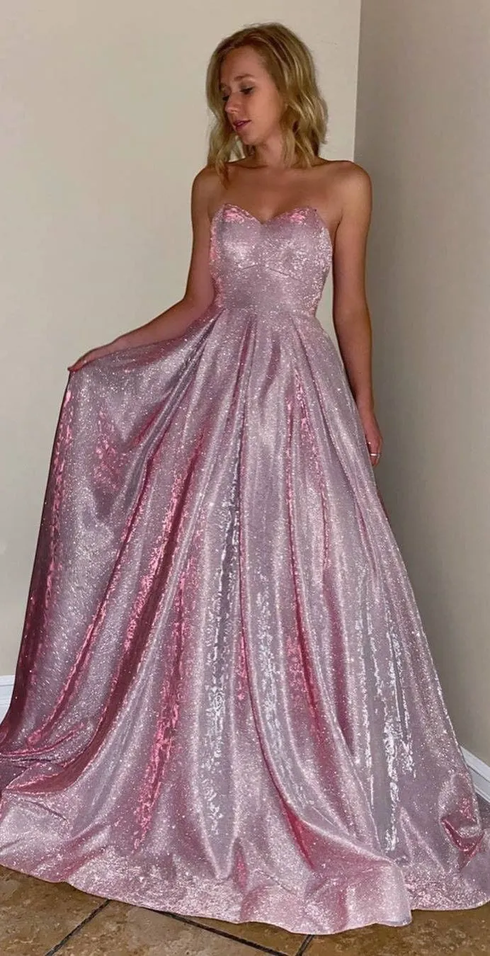 Sweetheart Long A-line Pink Shemmering Prom Dresses, Lovely Prom Dresses, 2020 Prom Dresses