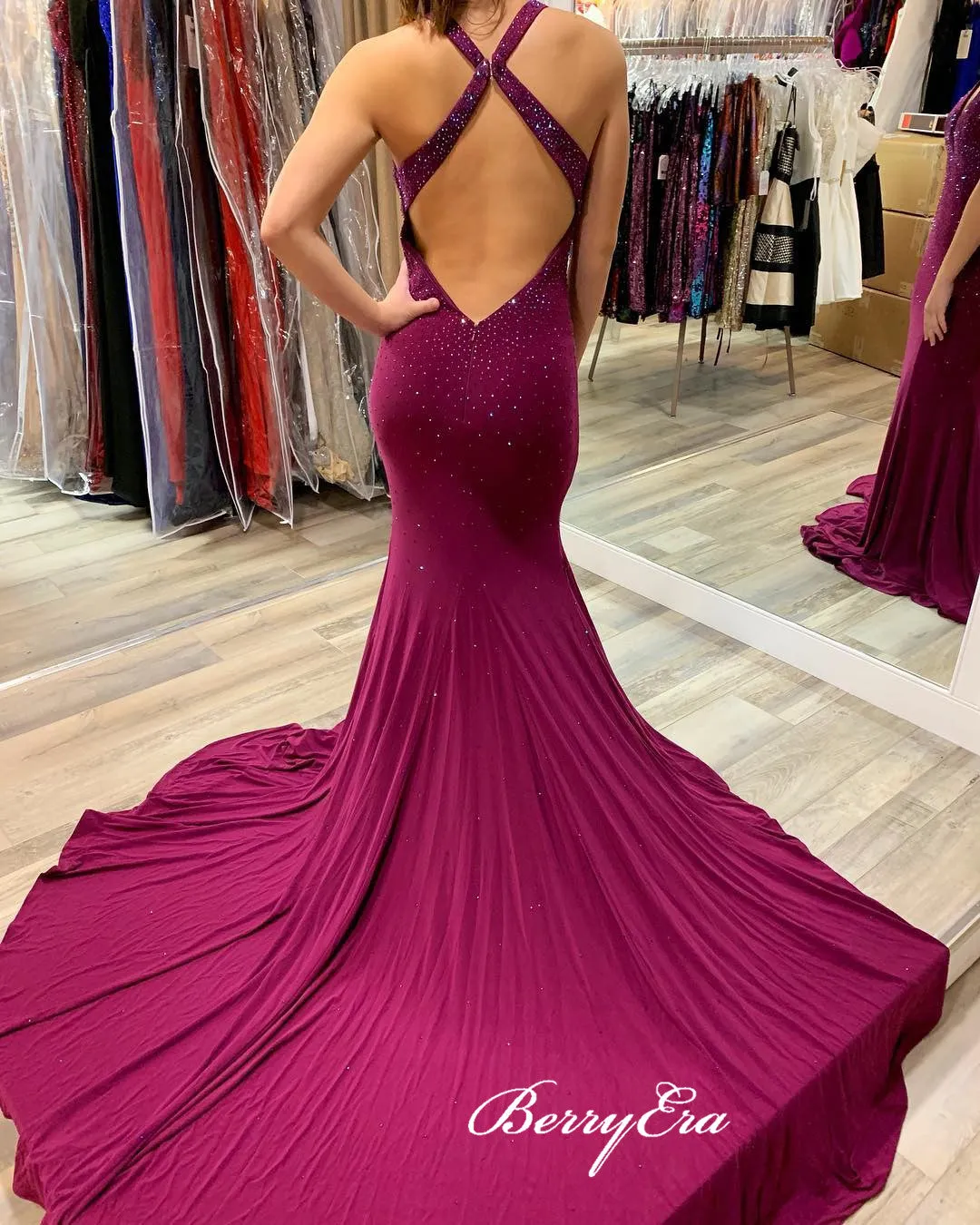 V-neck Long Mermaid Jersey Prom Dresses, Beaded Shiny Prom Dresses, Prom Dresses