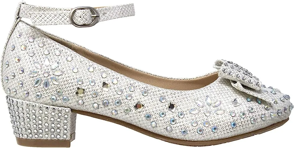 White Girl's Dress Shoes Glitter Rhinestone Bow Accent Mary Jane Kids Pumps