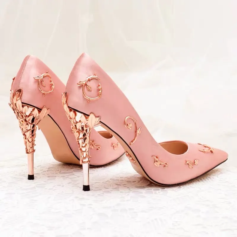 Women Flower Heel Wedding Shoes Elegant Silk High Heels Pumps