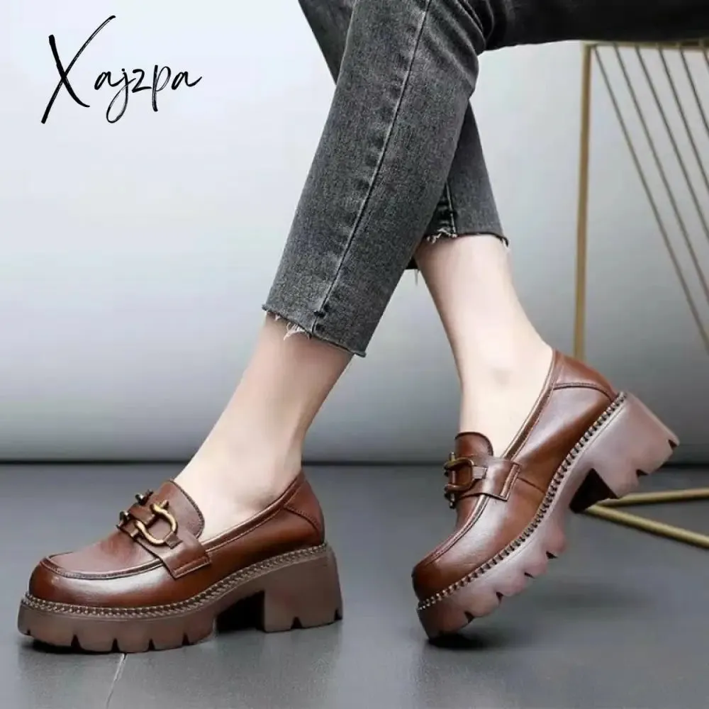 Xajzpa - Black Retro Shoes Women's Autumn Fashion Comfortable Metal Decoration Thick Bottom Oxford Loafers Casual Boat Shoes Lolita Shoes