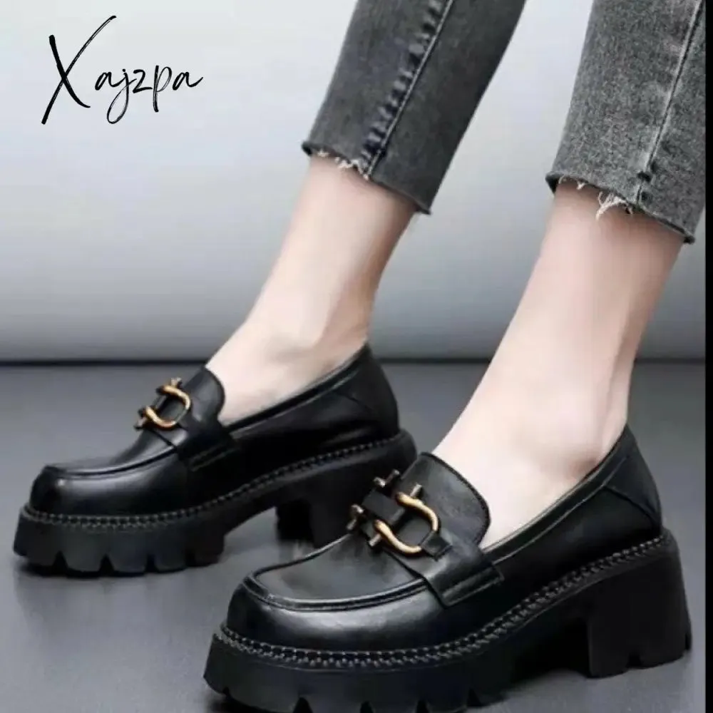 Xajzpa - Black Retro Shoes Women's Autumn Fashion Comfortable Metal Decoration Thick Bottom Oxford Loafers Casual Boat Shoes Lolita Shoes